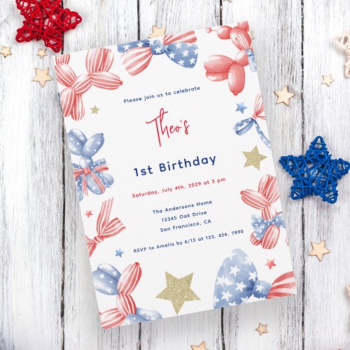 Cute Balloon Baby Boy 1st Birthday 4th July Party Invitation