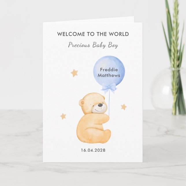 Cute Balloon Bear Welcome Baby Boy Card (Front)