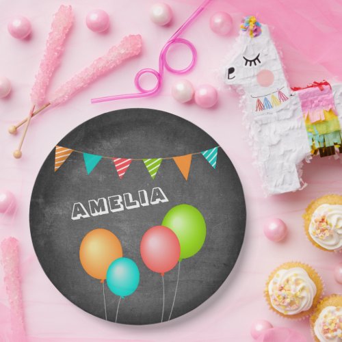 Cute Balloon Bunting Flag Chalkboard Kid Birthday Paper Plates