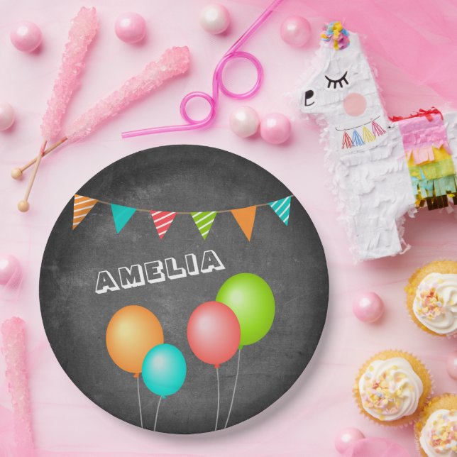Cute Balloon Bunting Flag Chalkboard Kid Birthday Paper Plates (Party)