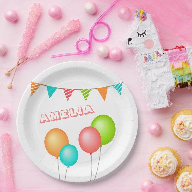 Cute Balloon Bunting Flag Kid Birthday Paper Plates (Party)