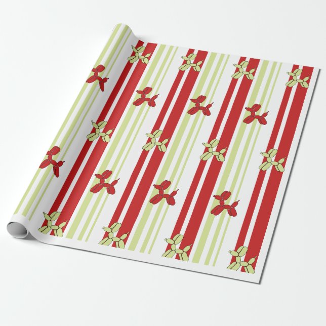 Cute Balloon Dog Pattern Red Green Stripe Party  Wrapping Paper (Unrolled)