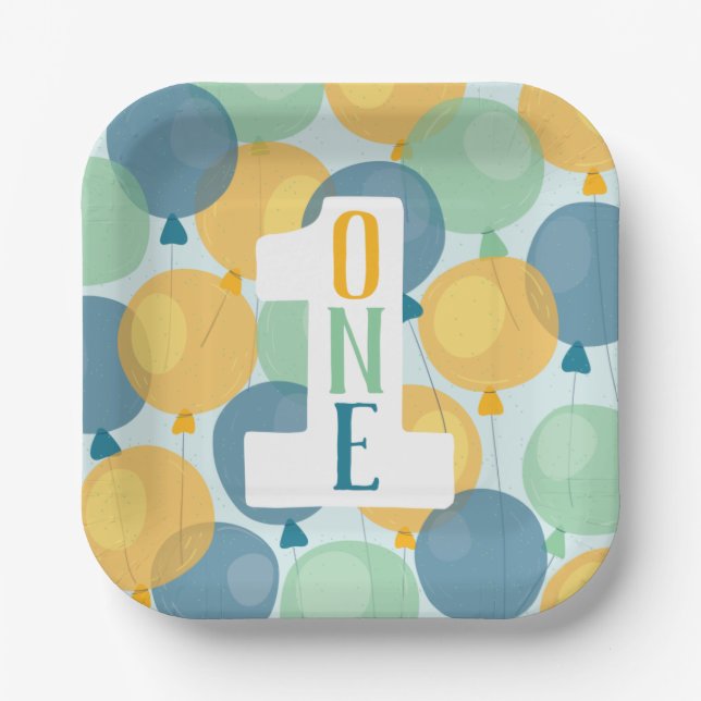 Cute Balloon First Birthday Paper Plates (Front)