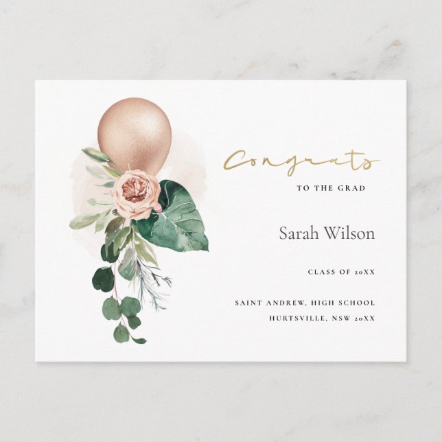 CUTE BALLOON FLORAL GRAD CONGRATS ANNOUNCEMENT POSTCARD (Front)