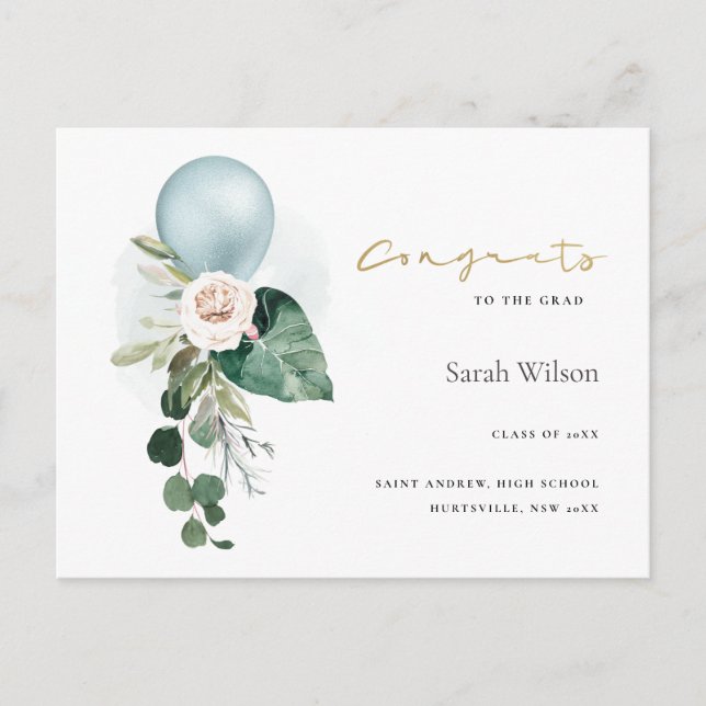 CUTE BALLOON FLORAL GRAD CONGRATS ANNOUNCEMENT POSTCARD (Front)