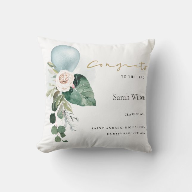 CUTE BALLOON FLORAL GRAD CONGRATS ANNOUNCEMENT THROW PILLOW (Front)