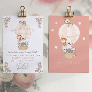 Cute Balloon Giraffe Sloth 1st Birthday Party Girl Invitation