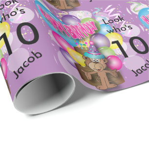 Cute Balloon Monkey Purple Kids Birthday Wrapping Paper