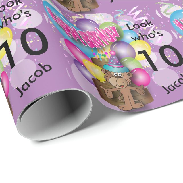 Cute Balloon Monkey Purple Kids Birthday Wrapping Paper (Roll Corner)