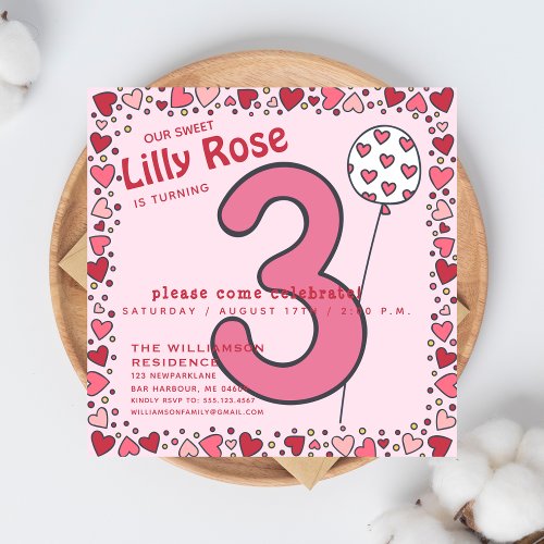 Cute Balloon _ Pink Kids 3rd Birthday Invitation