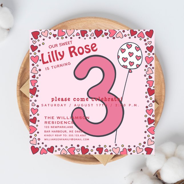 Cute Balloon - Pink Kids 3rd Birthday Invitation (Creator Uploaded)