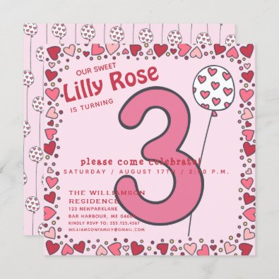 Cute Balloon - Pink Kids 3rd Birthday Invitation