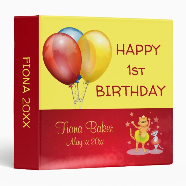 Cute Balloons And Cartoon Animals Baby Birthday 3 Ring Binder (Front/Spine)