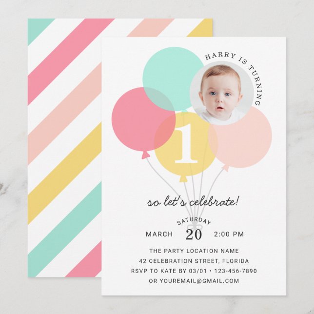 Cute Balloons Modern First 1st Photo Birthday Invitation (Front/Back)
