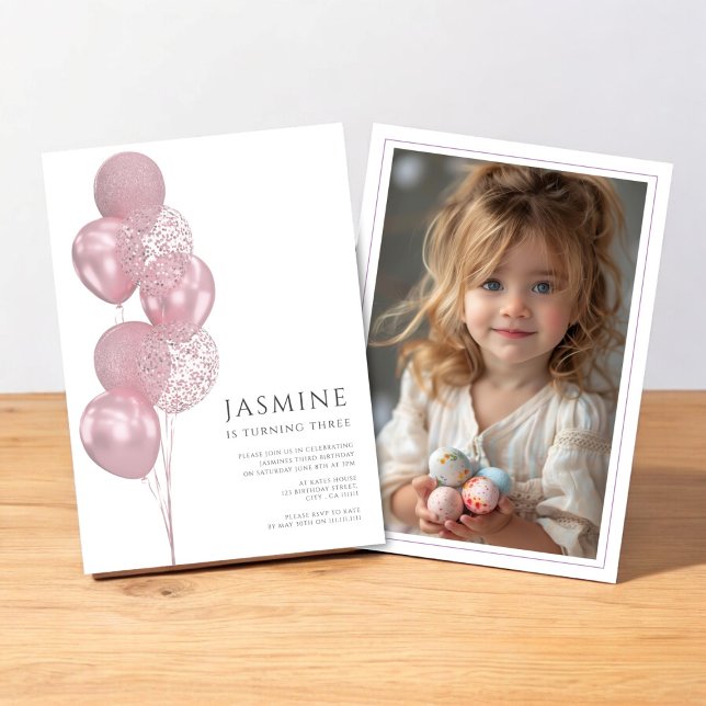 cute balloons photo birthday  invitation (pink balloons birthday invitation with photo , modern minimal design style)