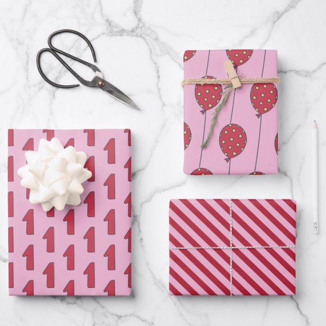 Cute Balloons - Pink & Red Kids 1st Birthday Wrapping Paper Sheets (Front)