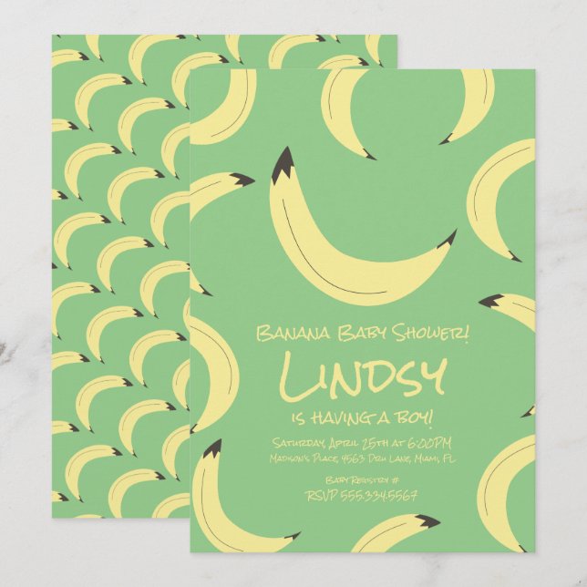 Cute Banana Green Boy Baby Shower Invitation (Front/Back)