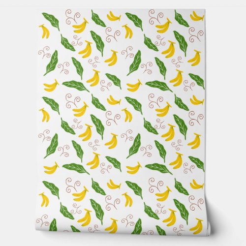 Cute Banana & Green Leaf Pattern Wallpaper