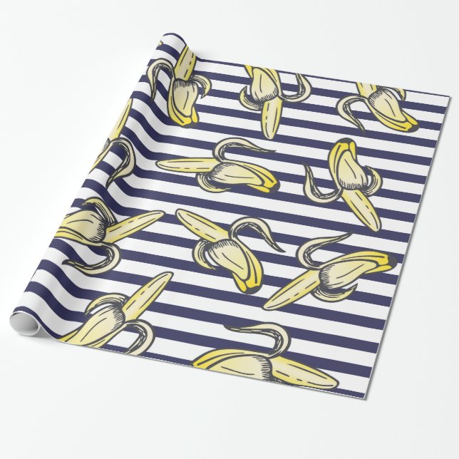 Cute Banana Illustrations on Navy Blue Stripes Wrapping Paper (Unrolled)
