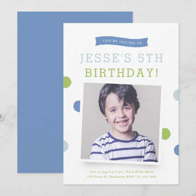 Cute Banner Polk a Dot Boys photo birthday party Invitation (Front/Back)