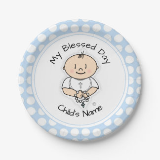 Cute Baptism 7" Plate - Baby Boy with Rosary