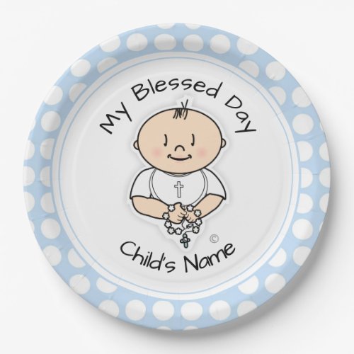Cute Baptism 9 Plate _ Baby Boy with Rosary