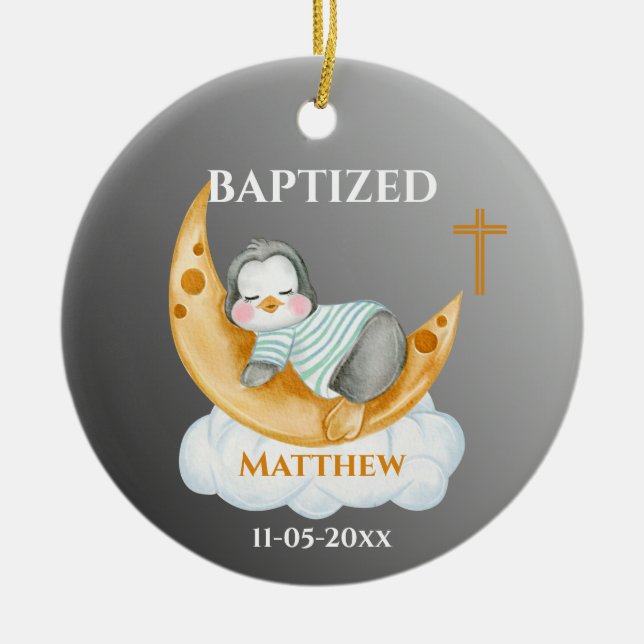 Cute Baptism Baby Penguin And Moon  Ceramic Ornament (Front)