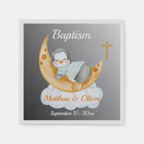 Cute Baptism Baby Penguin And Moon  Napkins