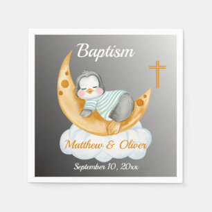 Cute Baptism Baby Penguin And Moon Napkins