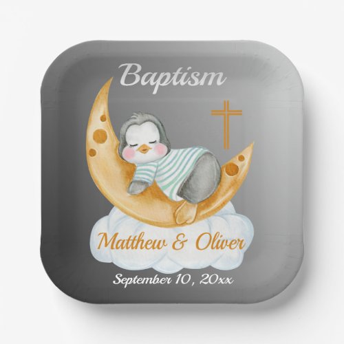 Cute Baptism Baby Penguin And Moon Paper Plates