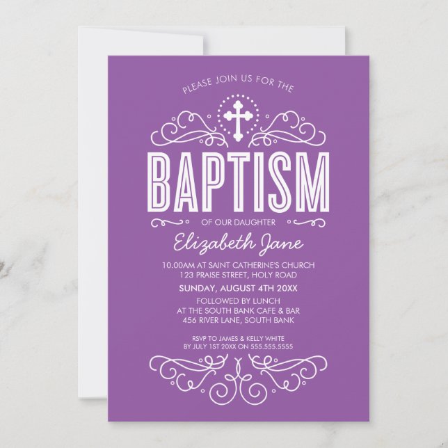 CUTE BAPTISM elegant swirls bold violet purple Invitation (Front)