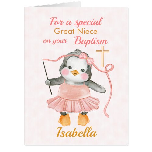 Cute Baptism Penguin Ballerina Pink Jumbo Card