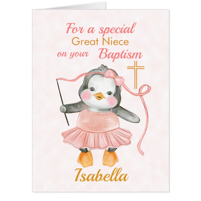 Cute Baptism Penguin Ballerina Pink Jumbo Card (Front)