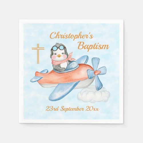 Cute Baptism Watercolor Baby Penguin Airplane  Napkins