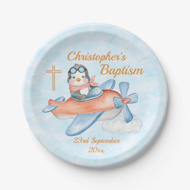 Cute Baptism Watercolor Baby Penguin Airplane Paper Plates (Front)