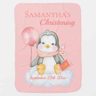 Cute Baptism Watercolor Baby Penguin Pink Blanket