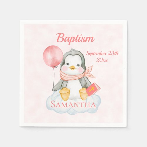 Cute Baptism Watercolor Baby Penguin Pink Paper  Napkins