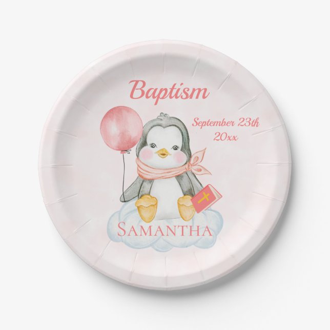 Cute Baptism Watercolor Baby Penguin Pink Paper Plates (Front)
