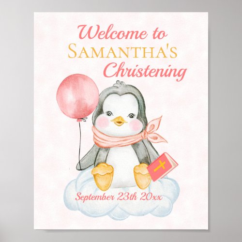 Cute Baptism Watercolor Baby Penguin Pink Welcome  Poster