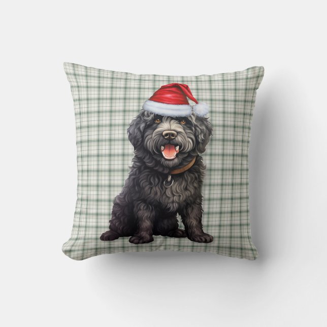 Cute Barbet Dog Green Plaid Christmas Holiday Throw Pillow (Front)