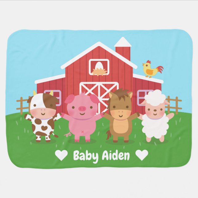 Cute Barn And Farm Animals Personalized Baby Blanket (Horizontal)