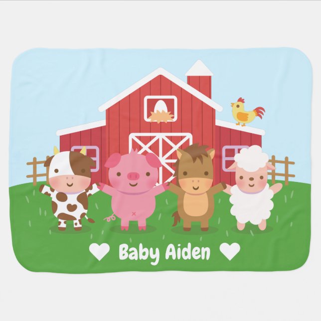 Cute Barn And Farm Animals Personalized Baby Blanket (Horizontal)