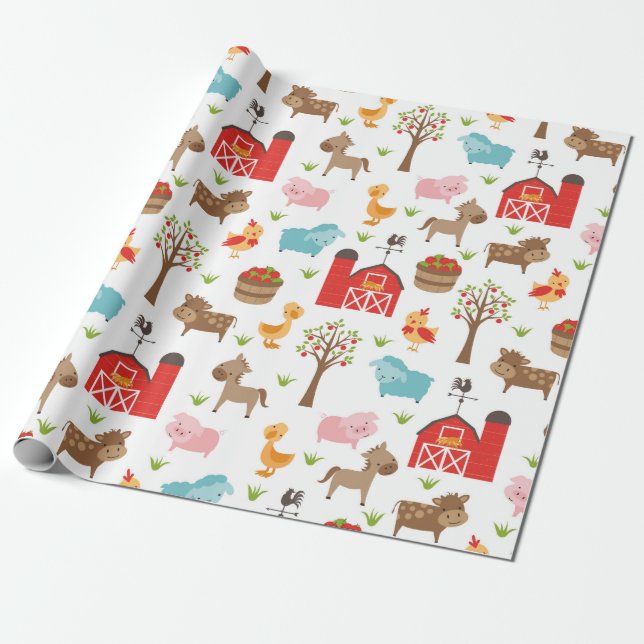 Cute Barn and Farm Animals Wrapping Paper (Unrolled)
