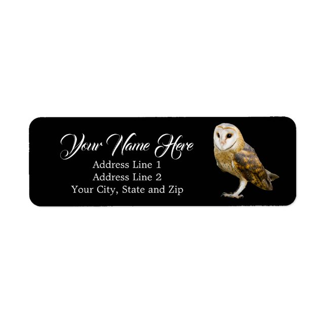 Cute Barn Owl Black Return Address Label (Front)