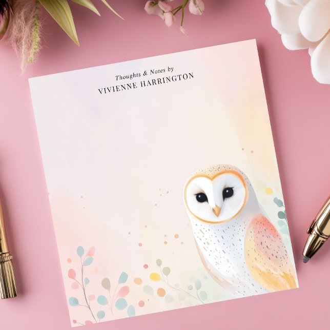 Cute Barn Owl Pastel Feathers Personalized Name Notepad (Creator Uploaded)