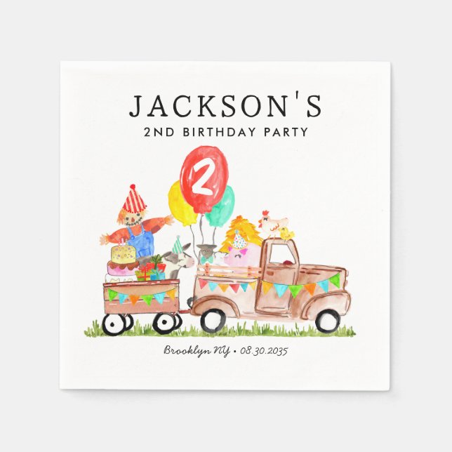 Cute Barn Party Animals Truck Kids Farm Birthday Napkins (Front)
