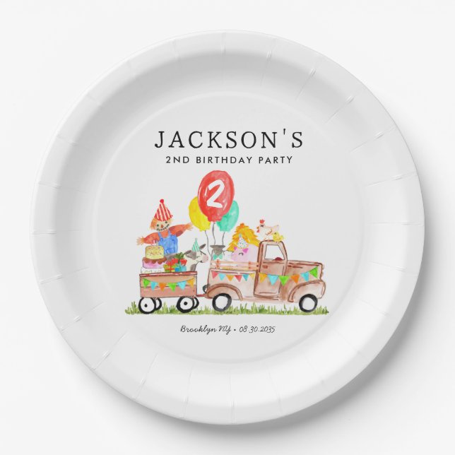 Cute Barn Party Animals Truck Kids Farm Birthday Paper Plates (Front)