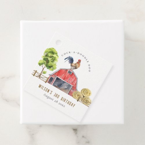 Cute Barn Rooster Farm Watercolor Kids Birthday Favor Tags