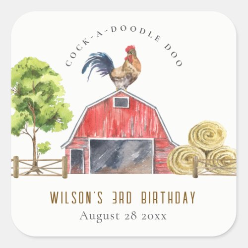 Cute Barn Rooster Farm Watercolor Kids Birthday Square Sticker