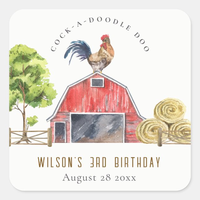 Cute Barn Rooster Farm Watercolor Kids Birthday Square Sticker (Front)